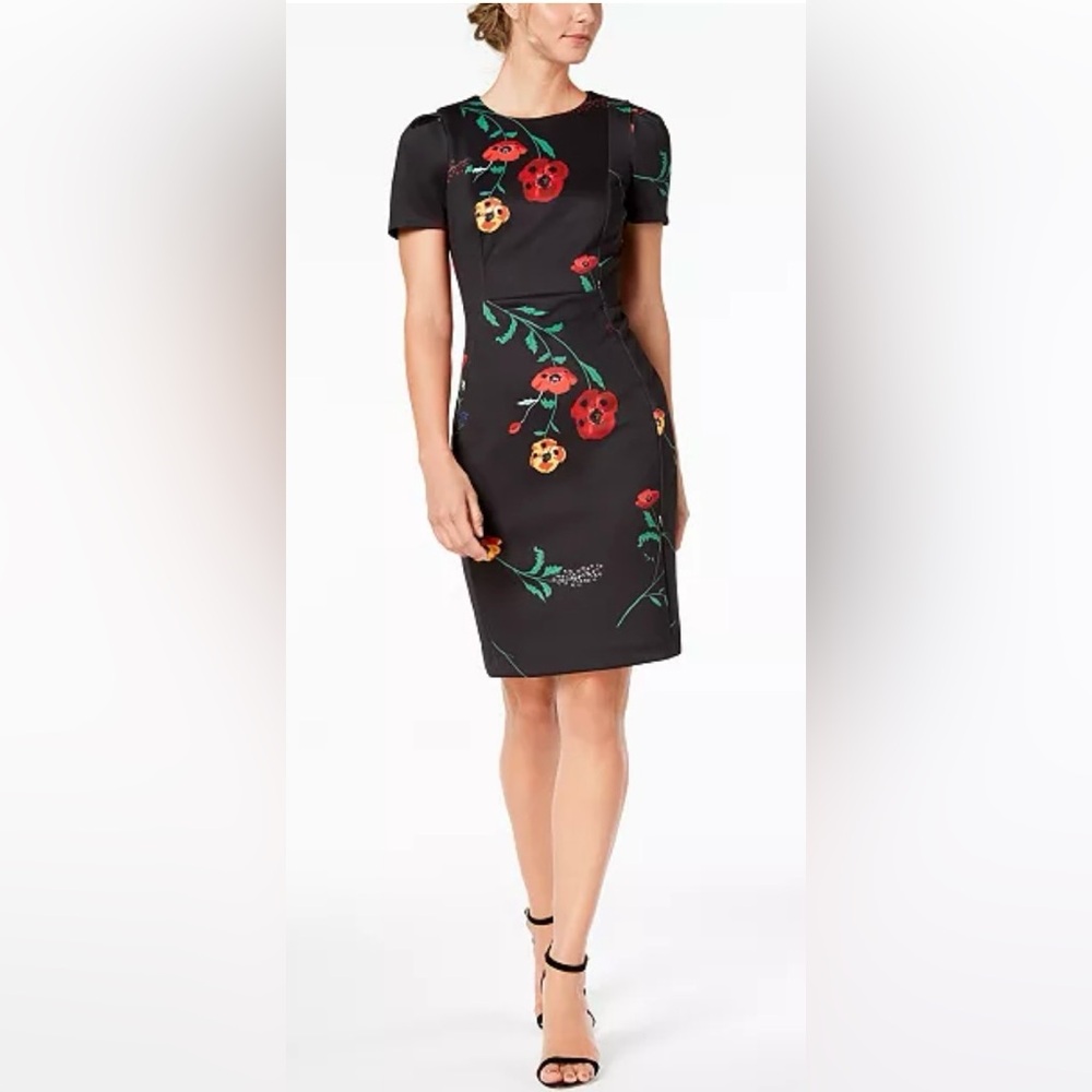 Calvin Klein Black Dress with Red and Orange Floral Design